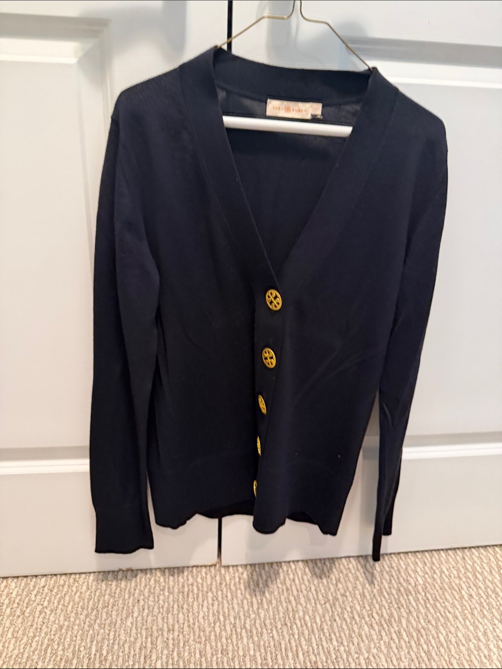 Tory Burch Navy V-Neck Cardigan with Gold Buttons